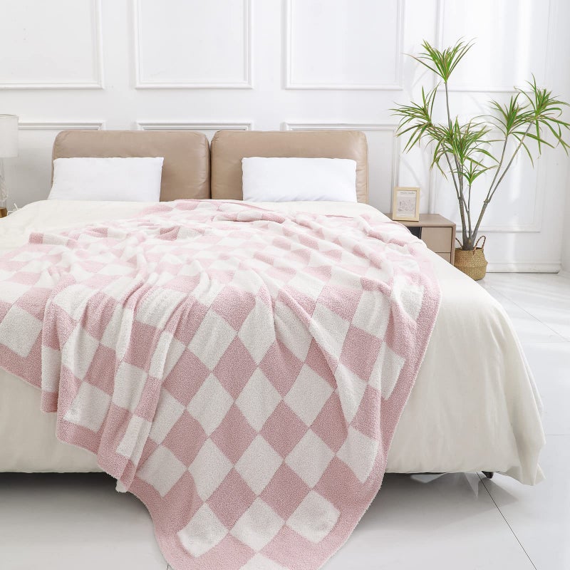 bearberry Fuzzy Checkerboard Grid Throw Blanket Soft Cozy Warm Microfiber Blanket Decor for Couch Sofa Bed Travel Home (Pink  50''x60'') - Image 2